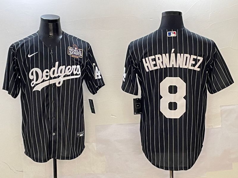 Men Los Angeles Dodgers #8 Hernandez Black Stripe Jointly Name 2025 Nike MLB Jersey style 4